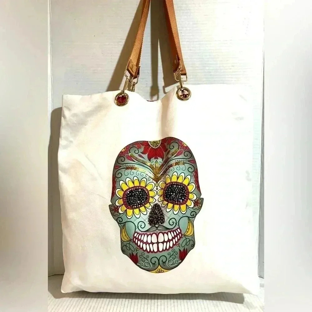 Handcrafted, Skull face nlyon tote reversible handbag